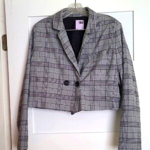SO Gray Plaid Cropped Blazer with Notched Lapels